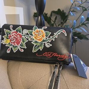 Ed Hardy Black with Colorful Floral Design Crossbody Bag